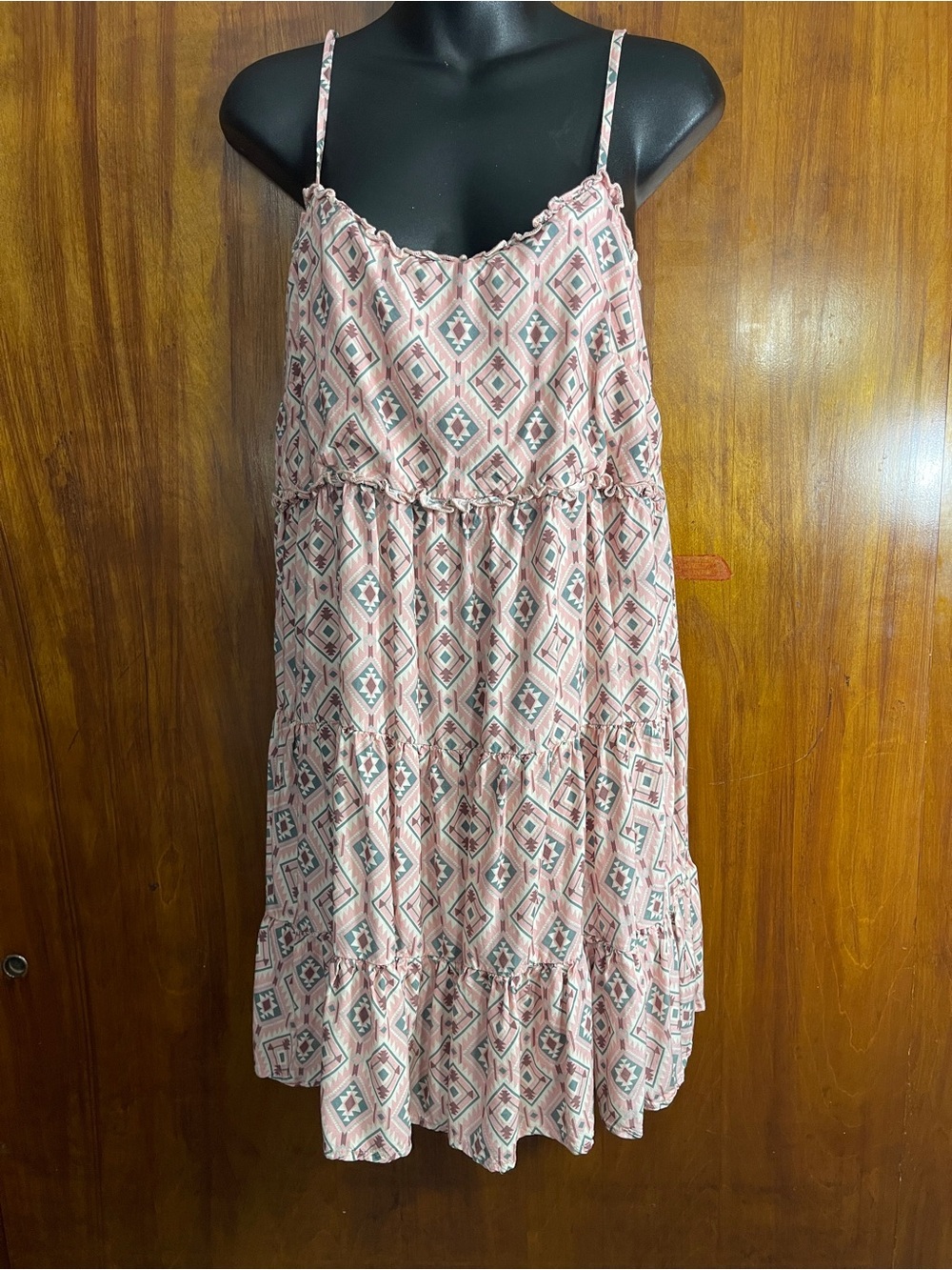 Rock & Roll Denim Western Aztec Geometric Tiered Sundress Pink Green Size L - Picture 1 of 5